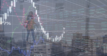 Image of data processing over woman with bicycle. Global business and digital interface concept...