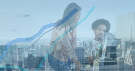 Image of businessman handshake over cityscape. Global connections technology and digital interface...