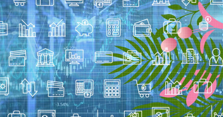 Image of falling icons and leaves over data processing. Global science, connections, data processing...