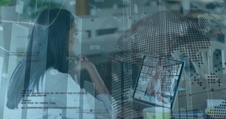 Image of data processing and globe over businesswoman using laptop. Global business, computing and...