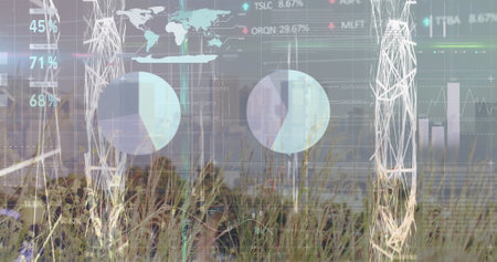 Image of financial graph and data processing over cityscape. Global business, finances, data...