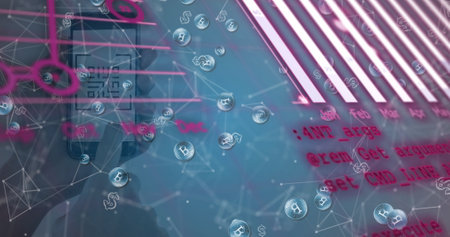 Image of graphs, data and connections over hands holding smartphone with qr code. Global finance,...