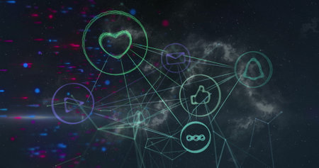 Image of blue dots over connections with icons on black background. Data processing, network and technology concept digitally generated image.の写真素材