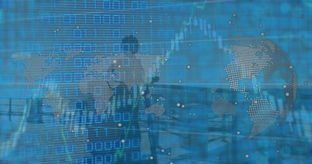 Walking silhouette wearing business attire through office, with digital world map graphics....