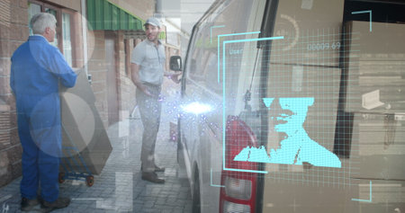Image of digital interface over delivery man next to a car. Global business, finances, connections,...