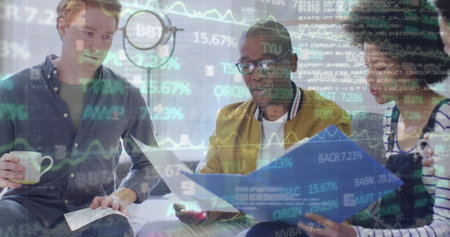 Image of data processing over business people using phone headsets. Global business data processing connections technology and digital interface concept digitally generated image.の写真素材