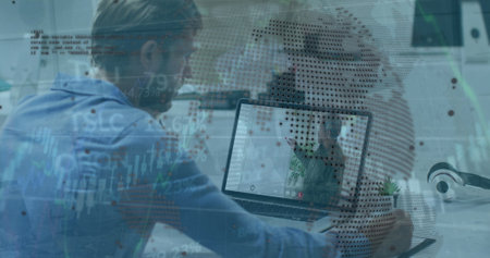 Image of data processing and globe over caucasian businessman using laptop. Global business,...