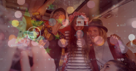 Image of connections and data processing over happy female connections working in warehouse. Global...