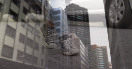 Image of blurred road traffic over woman singing. Global sports fitness and data processing concept...