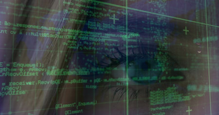 Image of data processing over caucasian woman eye. Global network, data processing and technology concept digitally generated image.の写真素材