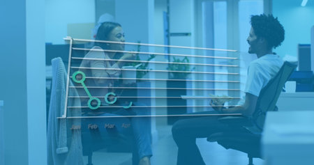 Image of financial data processing over diverse business people in office. Global business and...