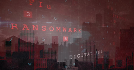 Image of cyber crime and numbers over cityscape. Global network, data processing and technology concept digitally generated image.の写真素材