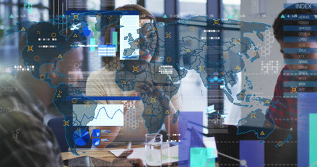 Image of data processing over diverse business people in office. Global business and digital...