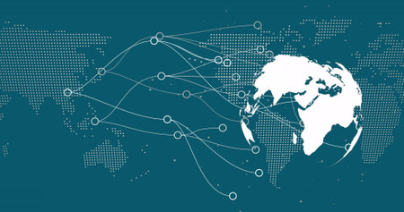 Image of data processing and globe over blue background. Global business and digital interface...