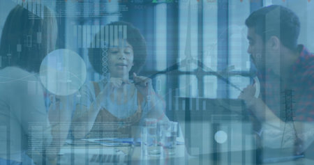Image of financial data processing and wind turbine over diverse business people. Global business,...