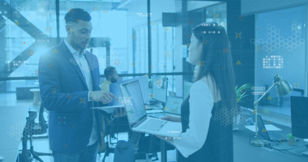 Image of data processing over diverse business people in office. Global business and digital...