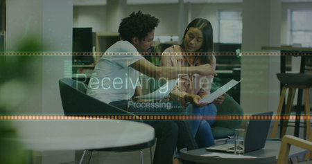 Image of data processing over diverse business people in office. Global business and digital...