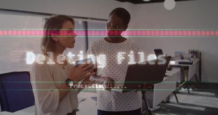 Image of data processing over diverse business people in office. Global business and digital...