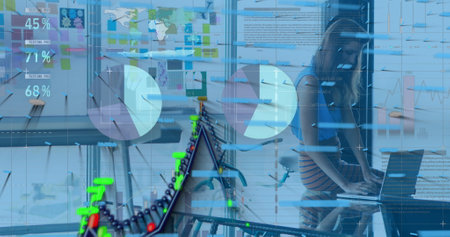 Image of graphs and data over caucasian woman in office. Business, finance and economy concept...