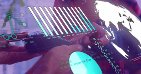 Image of data processing with graph over diverse people paying with credit card. Global finances, retail and digital interface concept digitally generated image.の写真素材