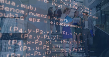 Image of data processing over diverse business people in office. Global business and digital...
