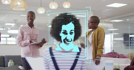 Image of people icons over diverse business people in office. Global business and digital interface...