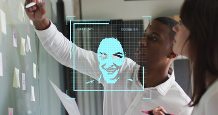 Image of people icons over diverse business people in office. Global business and digital interface concept digitally generated image.の写真素材