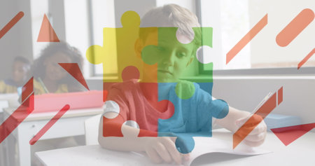 Image of puzzle pieces and shapes over diverse schoolchildren. Global education and learning concept digitally generated image.の写真素材
