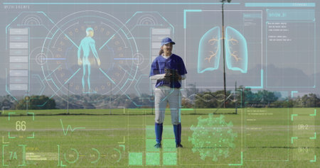 Image of data processing over caucasian female baseball player. Global sport and digital interface concept digitally generated image.の写真素材