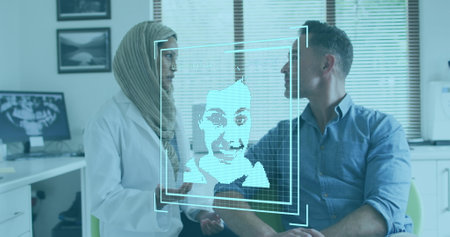 Image of people icons over female doctor with patient. Global medicine and digital interface concept digitally generated image.の写真素材