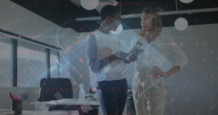 Image of data processing with padlock icon over diverse business people in office. Global business,...