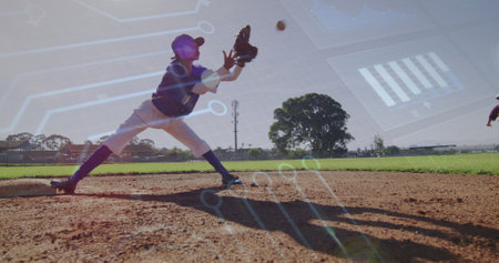 Image of data processing over diverse female baseball players. Global sport and digital interface...