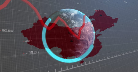 Image of data processing with graph over world map and globe. Global business, computing and digital interface concept digitally generated image.の写真素材