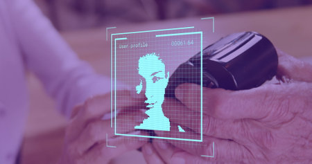 Image of data processing with people portraits over diverse people paying with credit card. Global finances, retail and digital interface concept digitally generated image.の写真素材