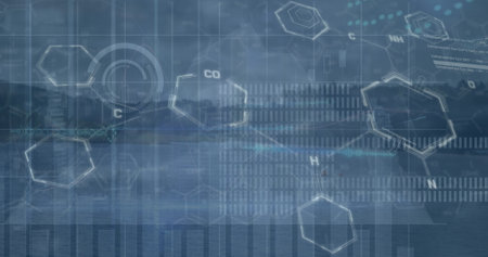 Image of chemical formula and data processing over landscape. Global technology, computing and digital interface concept digitally generated image.の写真素材