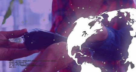 Image of data processing with globe over diverse people paying with credit card. Global finances,...