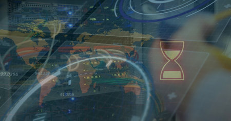 Image of data processing and globe over server room. Global shipping delivery business data...