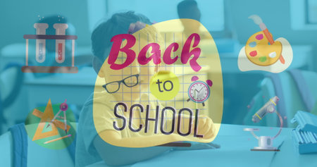 Image of back to school text and icons over diverse schoolchildren. Global education and learning...