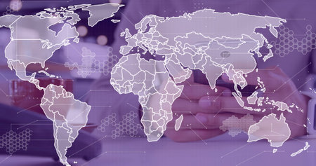 Image of data processing with world map over diverse people paying with smartphone. Global finances, retail and digital interface concept digitally generated image.の写真素材