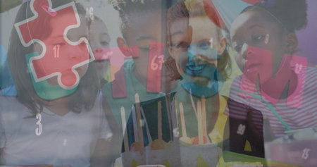 Image of colourful puzzle over caucasian woman and diverse schoolchildren. Autism awareness month...