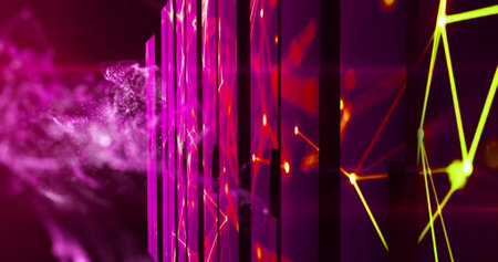 Image of moving shapes on black background. Global business and digital interface concept digitally...