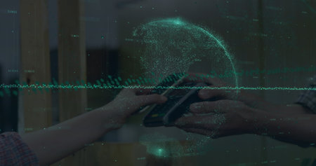 Image of data processing over hand paying with smartphone. Global business and digital interface...