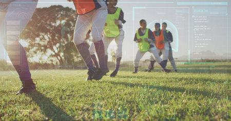 Image of data processing over diverse female baseball players exercising. Global sport and digital interface concept digitally generated image.の写真素材