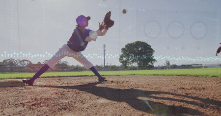Image of data processing over diverse female baseball players. Global sport and digital interface concept digitally generated image.の写真素材