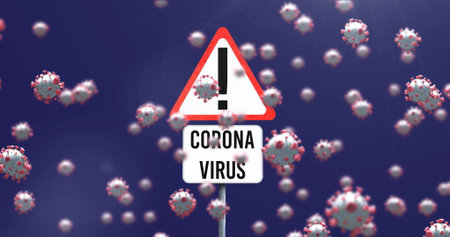 Image of sign with coronavirus text over virus cells. Global pandemic and digital interface concept digitally generated image.の写真素材