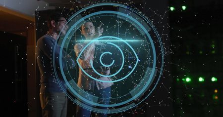Image of data processing and eye icon over diverse workers in server room. Computer security day and...