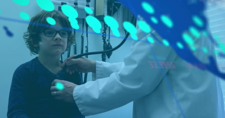Data processing over world map against asian male doctor examining caucasian boy at hospital....