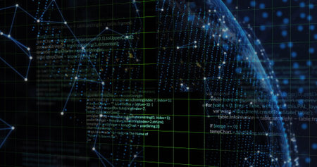 Image of data processing and shapes on black background. Global business and digital interface...