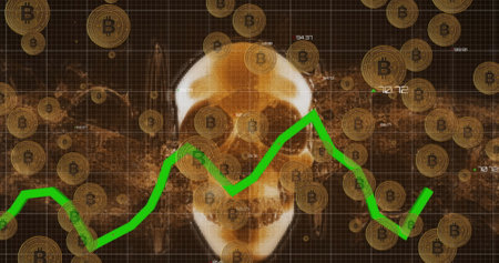 Image of skull and bitcoins over data processing on black background. Global business and digital...