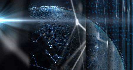 Image of moving shapes and globe on black background. Global business and digital interface concept...